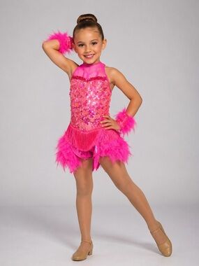Kids Hot Pink Sequin Feather Dance Costume